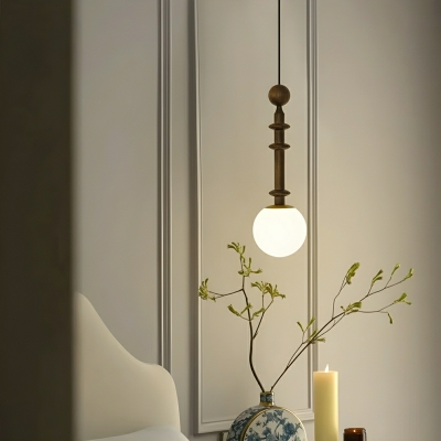 Industrial Wood Pendant Light with Adjustable Hanging Length and White Glass Shade