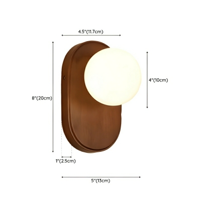Modern Walnut Wood 1-Light Globe Wall Lamp with Frosted Glass Shade