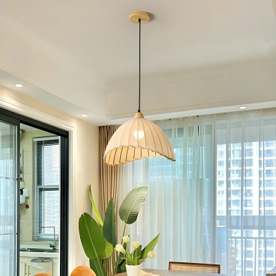 Modern White Wood Pendant Light with Adjustable Hanging Length and Fabric Shade