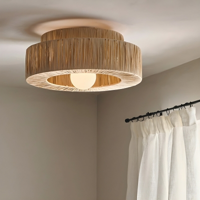 Natural Rattan Asian Style LED Ceiling Flush Mount Light with Wood Shade
