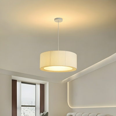 Modern Beige Pendant Light with Round Canopy and Contemporary Fabric Shade