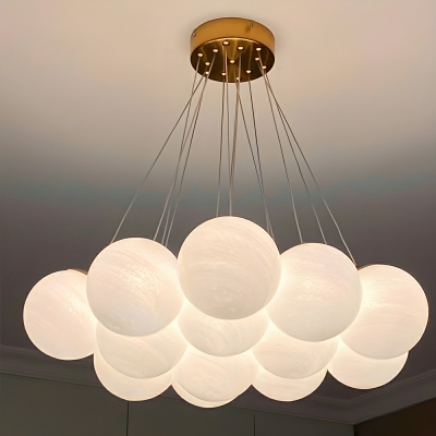 Blissful Glow Modern Chandelier with White Glass Shades and Adjustable Hanging Length in Gold