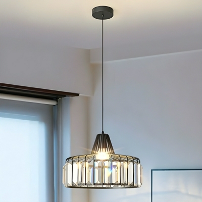 Crystal Cylinder Pendant Light with Round Gold Shade and Adjustable Hanging Length for Modern Style