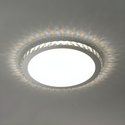 White Crystal Circle Flush Mount Close To Ceiling Light with 2 LED Bulbs and Modern Style