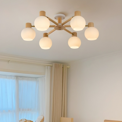 Elegant Wooden Wheel Chandelier with White Glass Shades - Modern LED Lighting for Home