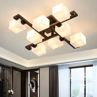 Contemporary White Glass Chandelier with Modern Wood Design and LED/Incandescent/Fluorescent Light