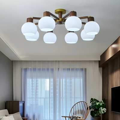 Contemporary Wood Globe Chandelier with White Glass Shades and LED Lights