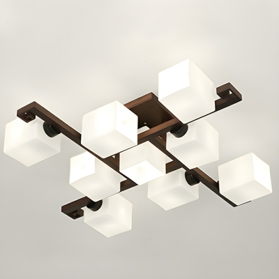 Contemporary White Glass Chandelier with Modern Wood Design and LED/Incandescent/Fluorescent Light