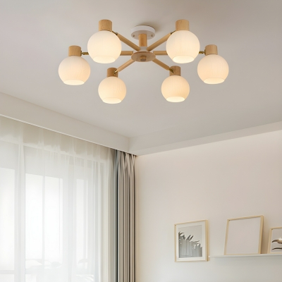 Elegant Wooden Wheel Chandelier with White Glass Shades - Modern LED Lighting for Home