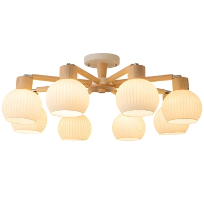 Modern Wood Chandelier with White Glass Shades, LED-Compatible, for Residential Use