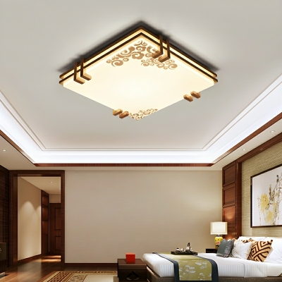Square Wood LED Flush Mount Ceiling Light with White Glass Shade