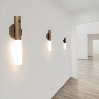 Rechargeable Modern Wooden Cylinder Wall Sconce with Frosted Glass Shade