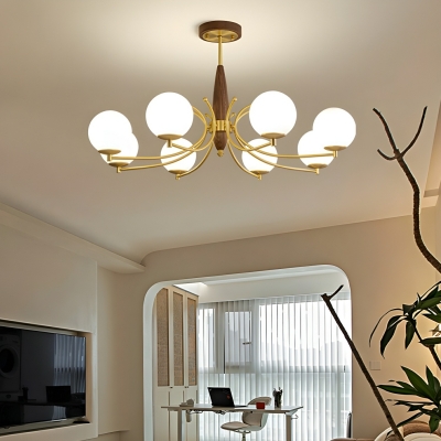 Modern Wood Globe Chandelier with White Glass Shades and Direct Wired Electric Power Source