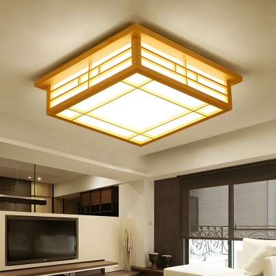 White Square Wood Flush Mount LED Ceiling Light for Modern, Residential Use by Direct Wired Electric