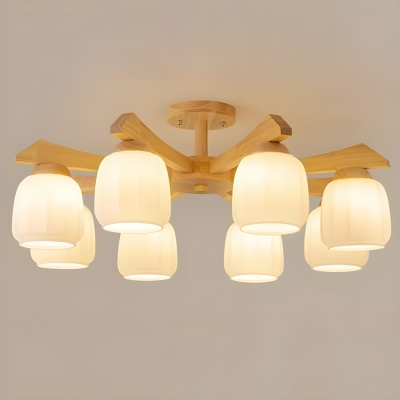 Contemporary Wood Chandelier with White Glass Shades and sleek LED Lights