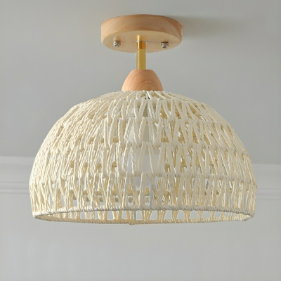 Natural Asian Style Wood Semi-Flush Mount Ceiling Light with Rattan Shade