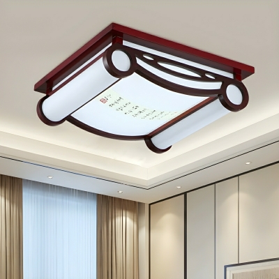 Square Wood LED Flush Mount Ceiling Light with White Shade for Modern Home Decor