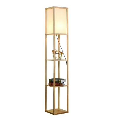 Modern Wooden Square Shade Floor Lamp - Ambient LED Lighting with Gray Fabric Shade