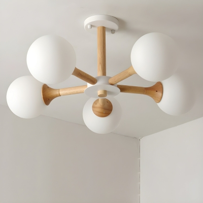 Ambient Wood Sputnik Chandelier in Modern Style with White Glass Shade