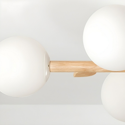Contemporary Wood Chandelier Modern Design, White Glass Shades