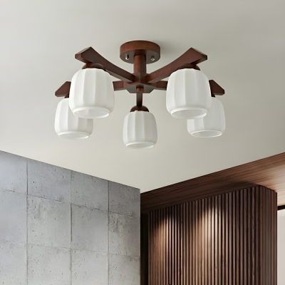 White Glass Cylinder Chandelier with Modern Wood Design and LED Lighting for Residential Use
