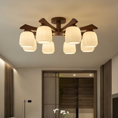 White Glass Cylinder Chandelier with Modern Wood Design and LED Lighting for Residential Use