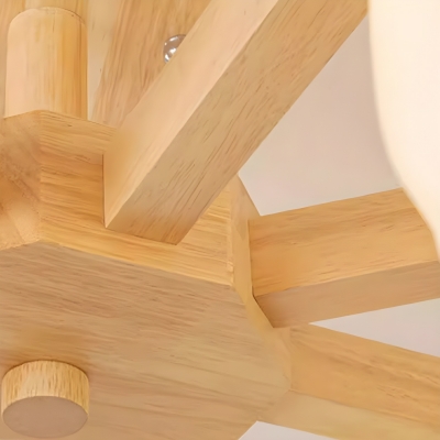 Contemporary Wood Chandelier with White Glass Shades and sleek LED Lights
