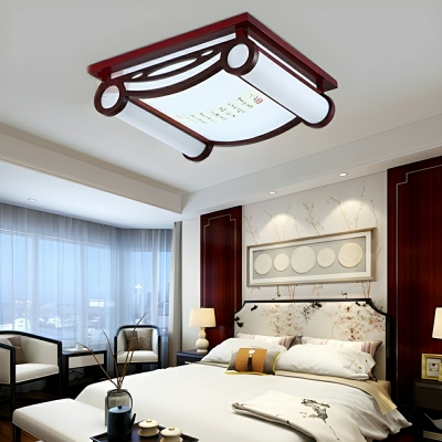 Square Wood LED Flush Mount Ceiling Light with White Shade for Modern Home Decor