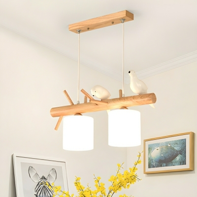 Industrial Chic Wooden Island Pendant - Modern Clear Glass Drum Shade