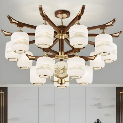 Modern White Glass Chandelier with Wood Cylinder Fixture and LED Light