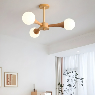 Stylish Wood Chandelier with Ambient White Glass Shades and LED Lights