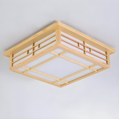 White Square Wood Flush Mount LED Ceiling Light for Modern, Residential Use by Direct Wired Electric