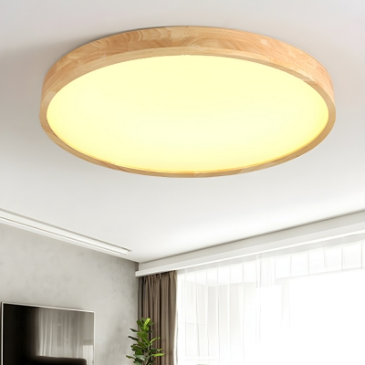 Yellow LED Wood Circle Flush Mount Ceiling Light with White Acrylic Shade