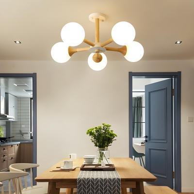 Ambient Wood Sputnik Chandelier in Modern Style with White Glass Shade
