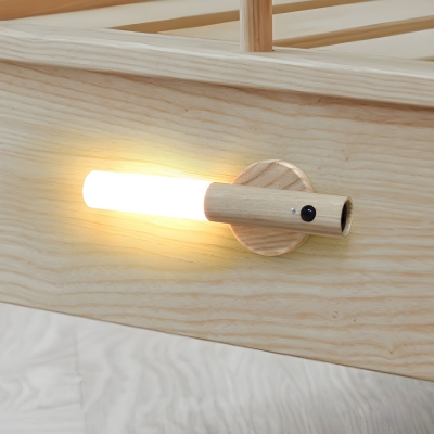 Rechargeable Modern Wooden Cylinder Wall Sconce with Frosted Glass Shade