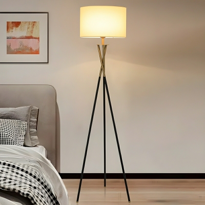 Contemporary Black Tripod Floor Lamp with White Fabric Shade and Foot Switch