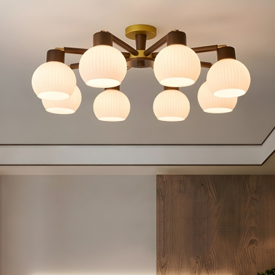 Contemporary Wood Globe Chandelier with White Glass Shades and LED Lights