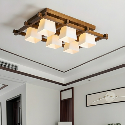 Modern Square LED Wood Flush Mount Ceiling Light with White Glass Shade