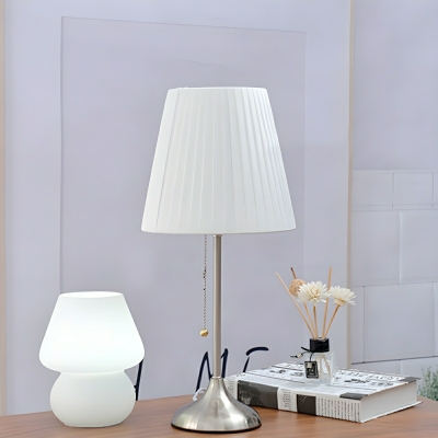 Sleek Nickel LED Table Lamp with Pull Chain Switch and White Fabric Shade