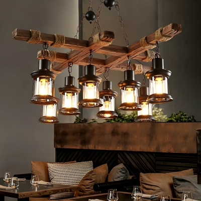 Industrial Wood and Glass Island Light - Adjustable Hanging Length, LED Compatible