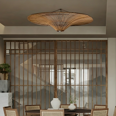 Natural Rattan Asian Style Semi-Flush Mount Ceiling Light with LED Lights