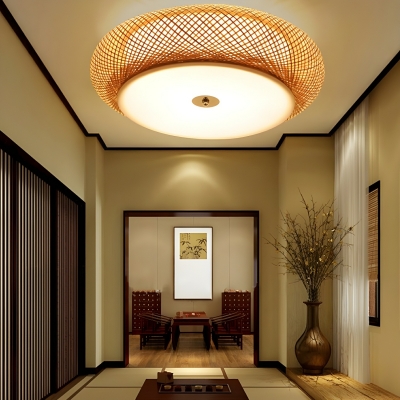 Natural Wood Rattan Shade Asian Style LED Ceiling Light with 1 Light