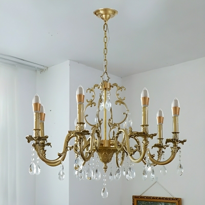 Elegant Brass Candelabra Chandelier with Crystal Components and Adjustable Hanging Length