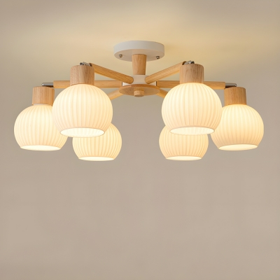 Modern Wood Chandelier with White Glass Shades, LED-Compatible, for Residential Use