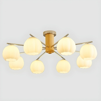 Minimalist Wood Globe Chandelier with White Glass Shades - Modern Bi-Pin Lighting Fixture
