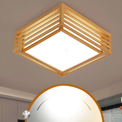Yellow Wooden Square Flush Mount Ceiling Light with 1 LED Bulb for Modern Home Decor