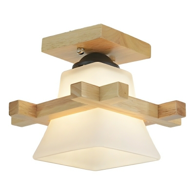 Modern Square LED Wood Flush Mount Ceiling Light with White Glass Shade