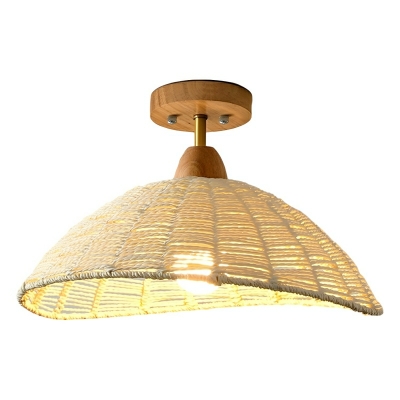 Natural Asian Style Wood Semi-Flush Mount Ceiling Light with Rattan Shade