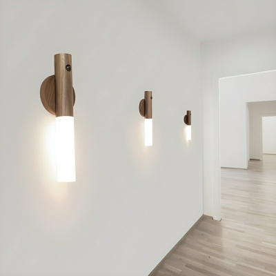 Rechargeable White Cylinder Wood LED Wall Lamp with Clear Glass Shade