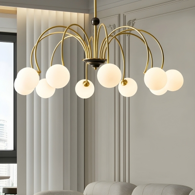 Modern Gold Chandelier with White Glass Shades and Adjustable Length for Residential Use